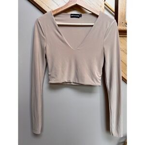 PrettyLittleThing‎ Women Beige Crop Top Long Sleeve V Neck Sz 4 Neutral Stretchy